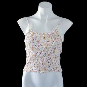 Hippie Rose Shirred Smock Tank Top Floral Cropped Length Ivory Multi Size S NWT